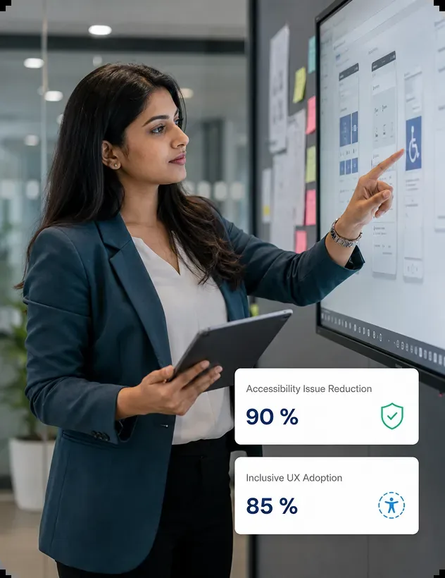 Accessibility testing expert reviewing inclusive UX on a digital design board, highlighting 90% issue reduction
