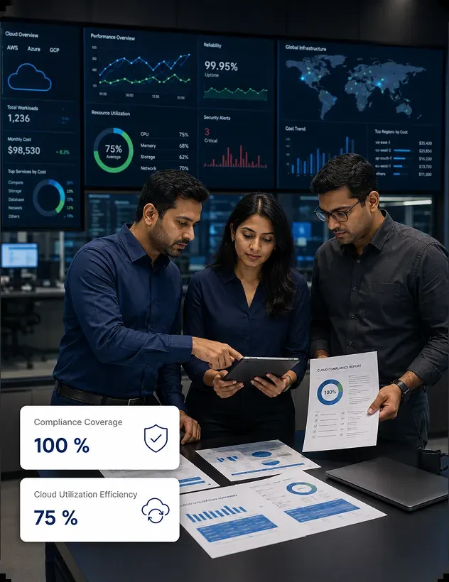 Cloud consulting team analyzing multi-cloud compliance coverage and utilization efficiency in a command center