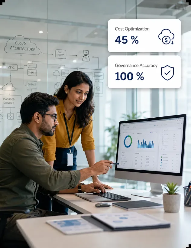 Consultants reviewing cloud architecture dashboards highlighting 45% cost optimization and 100% governance accuracy