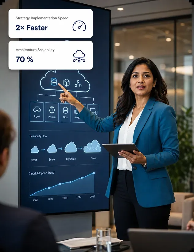 Cloud strategist presenting architecture scalability and faster strategy implementation on a digital board