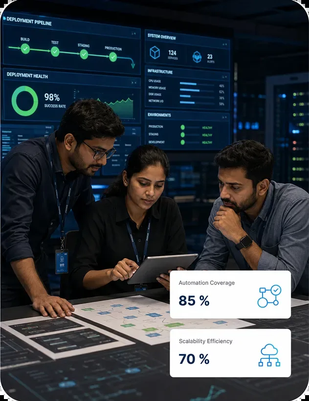 Automation specialists collaborating in a control room with 85% automation coverage and 70% scalability efficiency