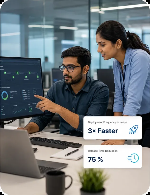 DevOps team reviewing deployment dashboards showing 3x faster deployment frequency and 75% release time reduction