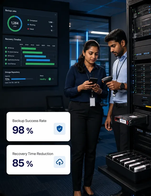 Data center team managing backup jobs with 98% backup success rate and 85% recovery time reduction