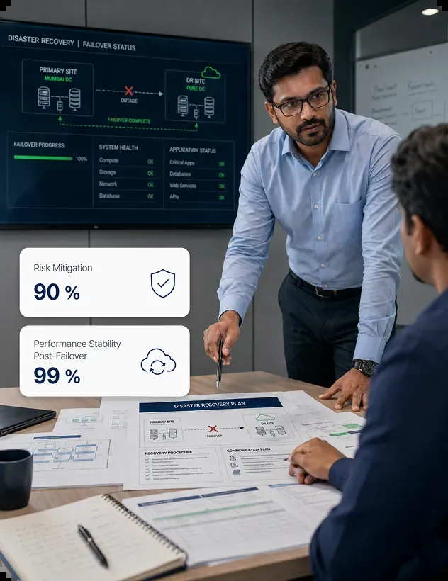 IT professionals reviewing a disaster recovery plan with failover status showing 90% risk mitigation and 99% post-failover stability
