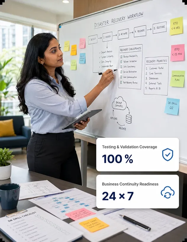 Disaster recovery specialist planning a DR workflow on a whiteboard with 100% testing coverage and 24x7 continuity readiness