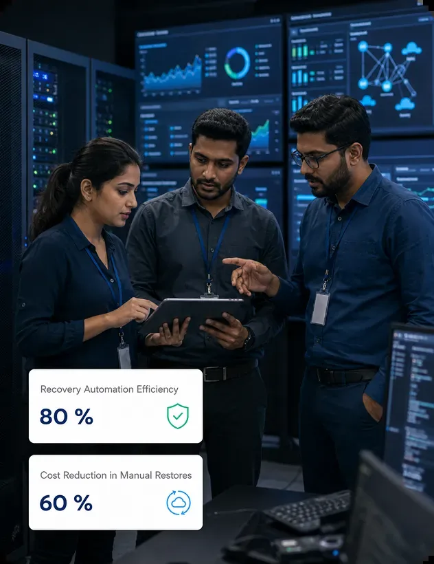Cloud operations team reviewing recovery automation metrics in a data center, showing 80% efficiency and 60% cost reduction