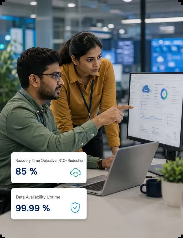IT specialists analyzing managed cloud dashboards with 85% RTO reduction and 99.99% data availability uptime